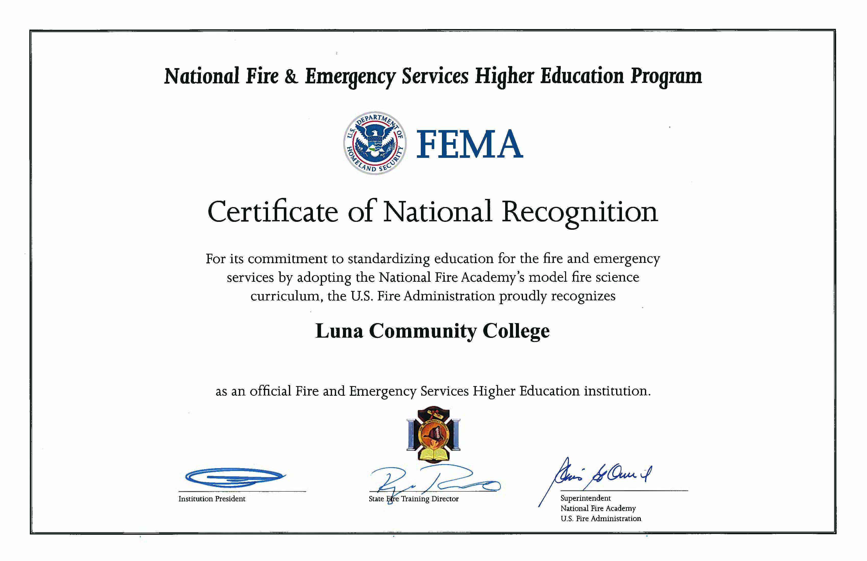 FEMA Fire Science Recognition