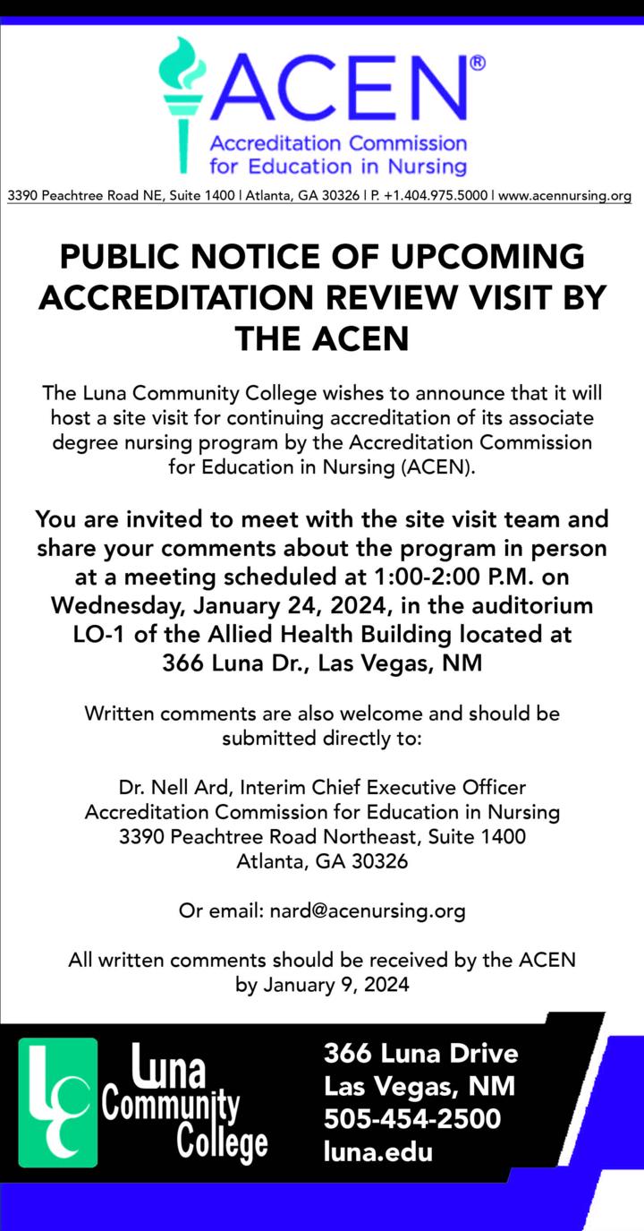 News - Luna Nursing Accreditation Tuesday, Jan. 23 through Thursday, Jan.  25; public meeting to be held on Wednesday, January 24, 2024
